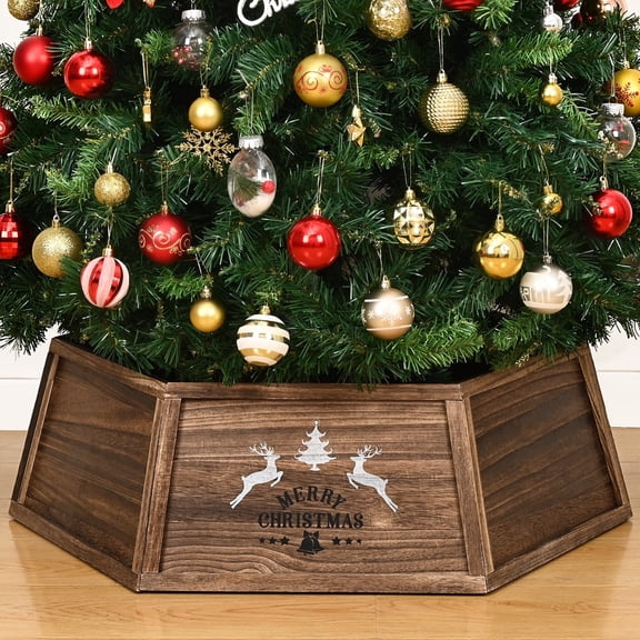 Ktinnead Wooden Christmas Tree Collar Box 30'' Hexagon Brown Christmas Tree Base Cover Decor for Artificial Tree,Rustic Tree Skirt Alternative for Farmhouse Holiday Dector