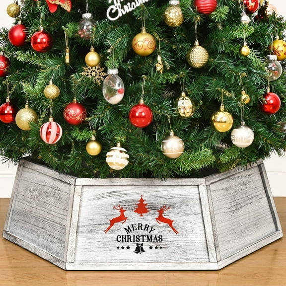 Ktinnead Wooden Christmas Tree Collar, 30.7" Natural Wood Christmas Tree Stand Cover Hexagon Xmas Tree Base Cover, Rustic Tree Skirt Farmhouse Christmas Tree Skirt Box White