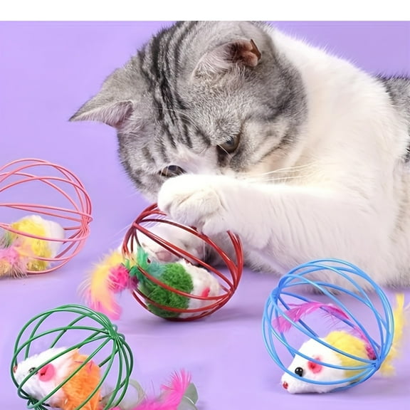 Ktlve Random Cat Spring Balls Toys with Caged Rats, Colorful Playful Rolling Balls, Coils Interactive Action Toy, Pet Supplies for Kitten(1PC)