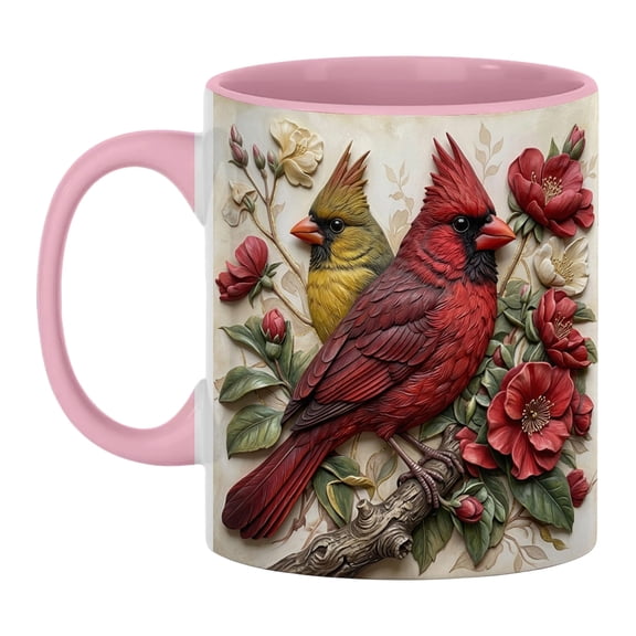 Ktlvex 11oz Ceramic Coffee Mug – Pink Cylindrical Mug for Home, Office & Gifting, Red Cardinal & Rose Design