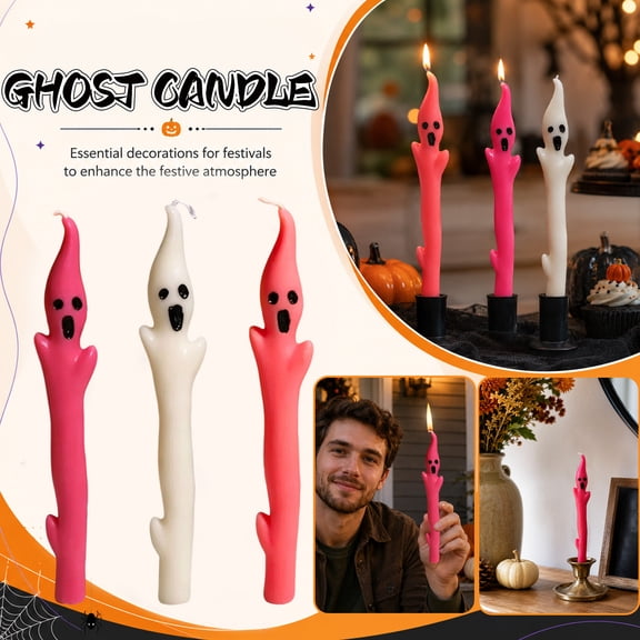 Ktlvex Creative Irregular Ghost Taper Candles Unscented Spooky Ghost Face Stick Candles for Halloween Wedding Indoor Gothic Ambient Ornament（Pink）