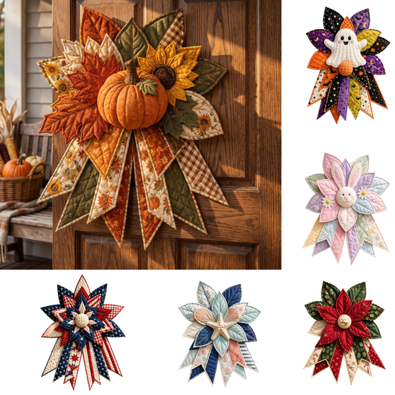 Ktlvex DIY Large Patchwork Bow Sewing Kit, Seasonal Quilted Bow Sewing Kit for Beginners , Fabric Craft Project for Adults Wreath Wall Decor (B)