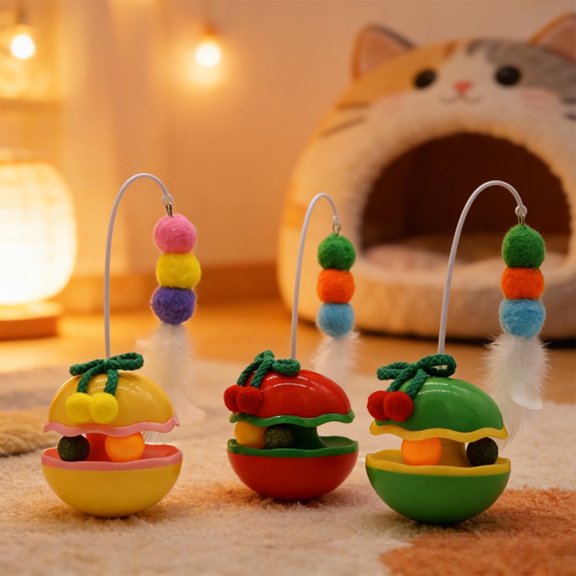 Ktlvex Cat Wobble Toy, Exercise Tumbler Cat Toy with Bow and Balls, Cat Interactive Toys, Feathers Attachment and 360° Rotating Base for Indoor Cats, Handheld or Floor Play for Fun, Yellow