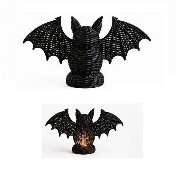 Ktlvex Halloween Bat Decor Woven Rattan Candle Holder - Black Wicker Bat Tealight Lantern with Light Shadow, Rustic Spooky Table Decor for Mantel Home Party