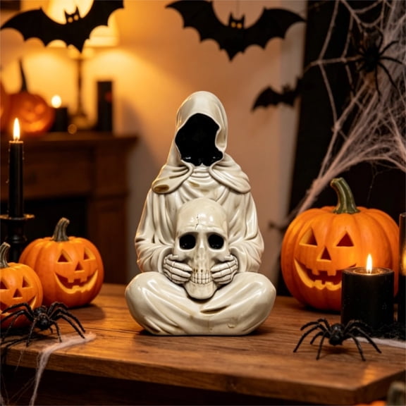 Ktlvex Halloween Faceless Grim Reaper Skull Resin Figurine, Cross-Legged Wraith Holding Skull Tabletop Statue, Gothic Mantel Shelf Decor Ornament for Halloween Party Holiday Gift