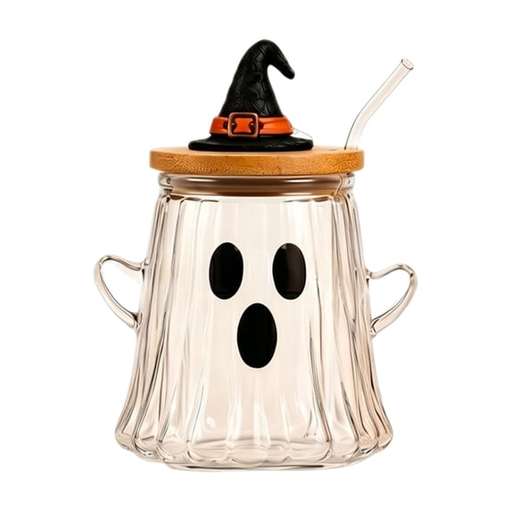 Ktlvex Halloween Glass Tumbler With Lid, Ghost Cow Pumpkin Pattern Drinking Glass Cup, Reusable Kitchen Drinkware for Home Dining, Themed Party, Daily Use Holiday Table Decoration(B)
