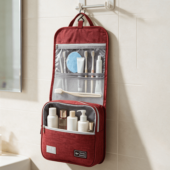 Ktlvex Hanging Toiletry Bag for Traveling Waterproof Oxford Fabric Travel Wash Bag with Hanging Hook Foldable Multi-Compartment Toiletry Organizer for Bathroom Business Trip Gym Camping (Pink)