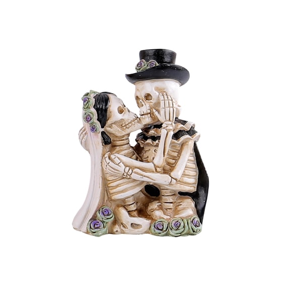 Ktlvex Mini Skeleton Resin Figurine Set, Wedding Couple Musician Floral Skeleton Tabletop Statue, Gothic Spooky Halloween Tiered Tray Mantel Desk Decor Mini Ornament Holiday Gift（Couple Skeleton）