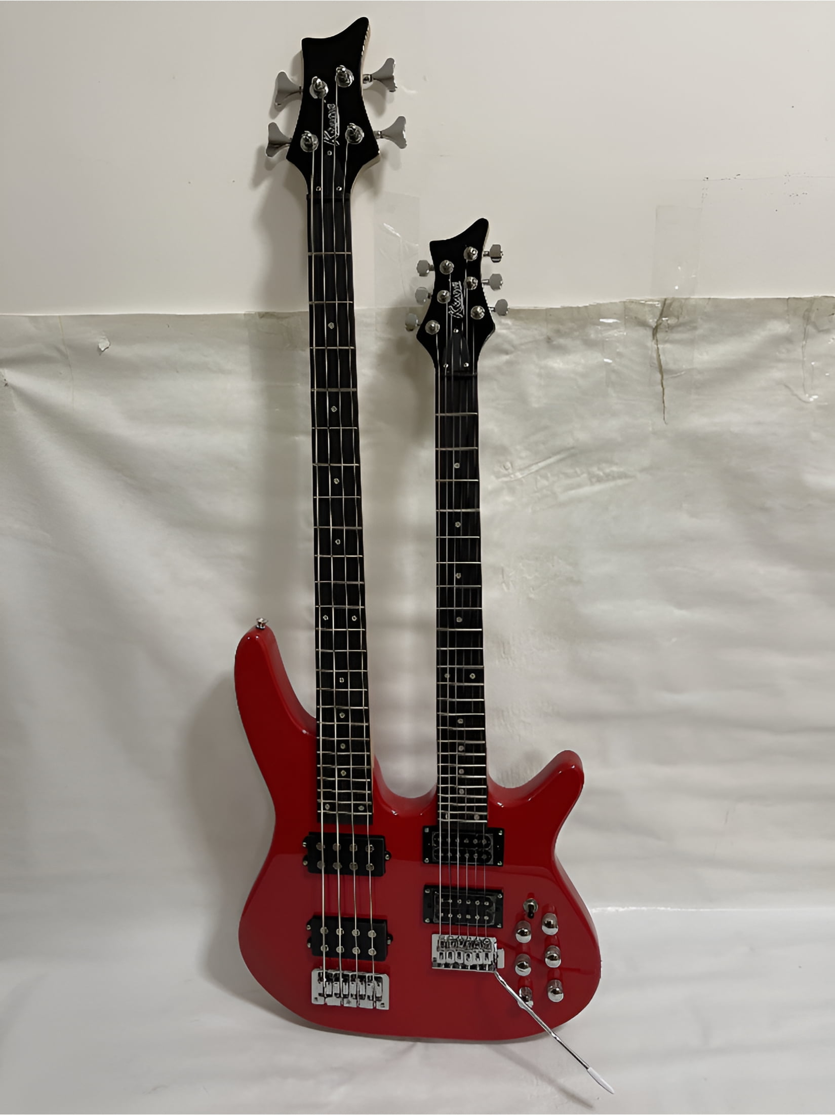 Ktone Double Neck Electric Guitar, Red with Bass & Padded Gig Bag