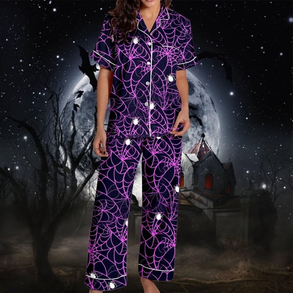 Ktoot Halloween Pajamas Women 2 Piece Satin Pajama Set Short Sleeve Graphic Button Down Shirt with Pants,Plus Size Pjs Loungewear,Cute Matching Sets Comfy Buttery Soft Pajamas Halloween Gifts