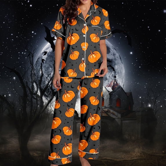 Ktoot Halloween Pajamas Women 2 Piece Satin Pajama Set Short Sleeve Graphic Button Down Shirt with Pants,Plus Size Pjs Loungewear,Cute Matching Sets Comfy Buttery Soft Pajamas Halloween Gifts