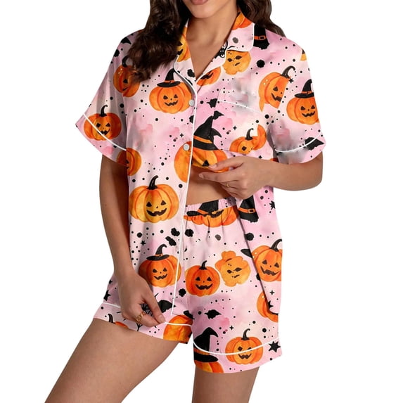Ktoot Halloween Pajamas Women,Cute Pjs for Women Satin Pajama Set Silk 2 Piece Sets Loungewear Button Down Short Sleeve Shirt And Shorts Pj Set Sleepwear Spooky Cute Gothic Pajamas Halloween Gifts