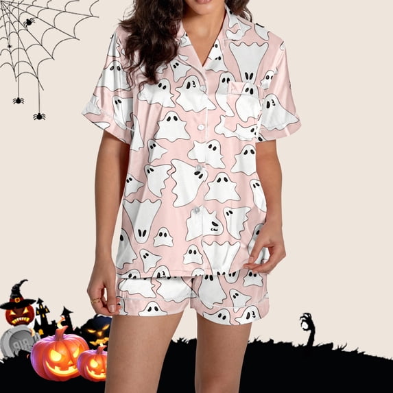 Ktoot Halloween Pajamas Women,Short Sleeve Pajama Sets for Women,Halloween Pjs Lounge Sets,Cute Print Button Down Tops And Shorts Loungewear Pj Short Set 2 Piece Silk Casual Nightwear