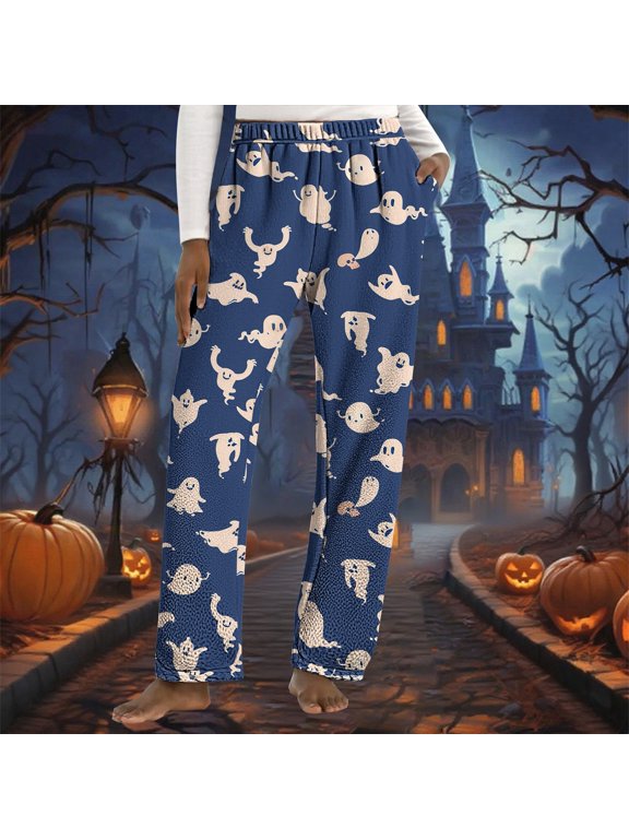Halloween Pj Pants,Plus Size Halloween Printed Pajama Pants,Elastic Waist Wide Leg Sleep Pants for Women,Fun Casual Loose Sleepwear Bottoms Cozy Cute Soft Lounge Pants Halloween Gifts
