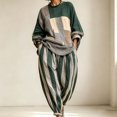 thumbnail image 1 of Kttectoa 2 Piece Sets for Women Crew Neck Long Sleeve Patchwork Top and Striped Drop Crotch Pants Set Oversized Loose Drawstring Elastic Waist with Pockets Casual Boho Fall, 1 of 5