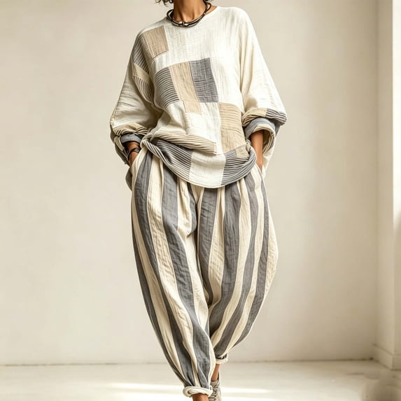 Kttectoa 2 Piece Sets for Women Crew Neck Long Sleeve Patchwork Top and Striped Drop Crotch Pants Set Oversized Loose Drawstring Elastic Waist with Pockets Casual Boho Fall