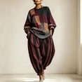 thumbnail image 1 of Kttectoa 2 Piece Sets for Women Crew Neck Long Sleeve Patchwork Top and Striped Drop Crotch Pants Set Oversized Loose Drawstring Elastic Waist with Pockets Casual Boho Fall, 1 of 5