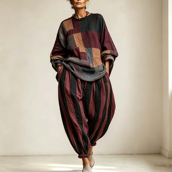 Kttectoa 2 Piece Sets for Women Crew Neck Long Sleeve Patchwork Top and Striped Drop Crotch Pants Set Oversized Loose Drawstring Elastic Waist with Pockets Casual Boho Fall