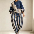thumbnail image 1 of Kttectoa 2 Piece Sets for Women Crew Neck Long Sleeve Patchwork Top and Striped Drop Crotch Pants Set Oversized Loose Drawstring Elastic Waist with Pockets Casual Boho Fall, 1 of 5