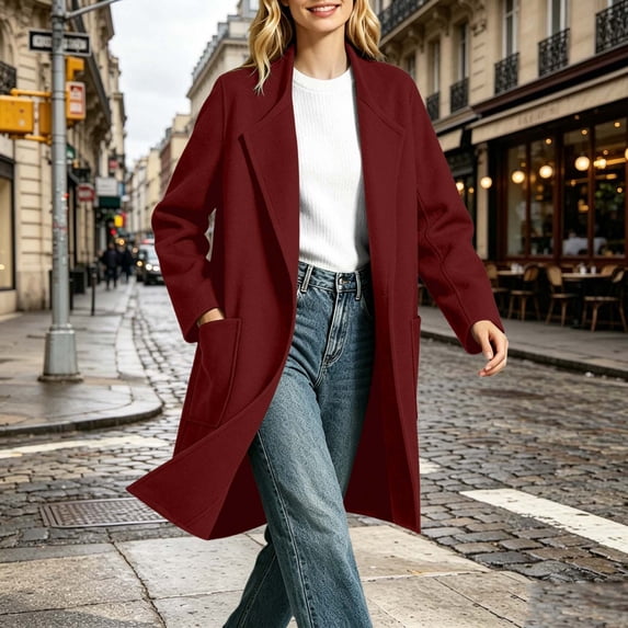 Kttectoa Coat for Women Fall Winter Wool Tweed Mid Long Open Front Coat Solid Refined Commuter All Match Outwear