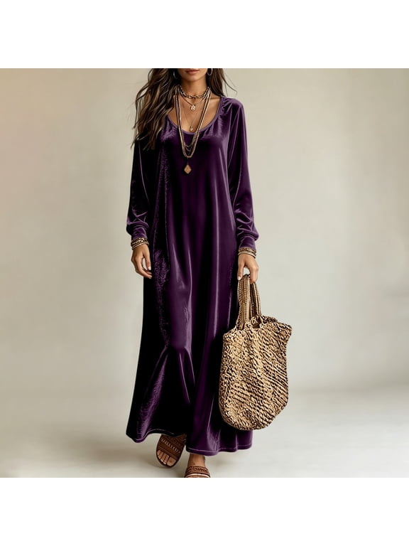 Dresses for Women Velvet Maxi Dress Crew Neck Long Sleeve Solid Flowing Elegant Evening Gown