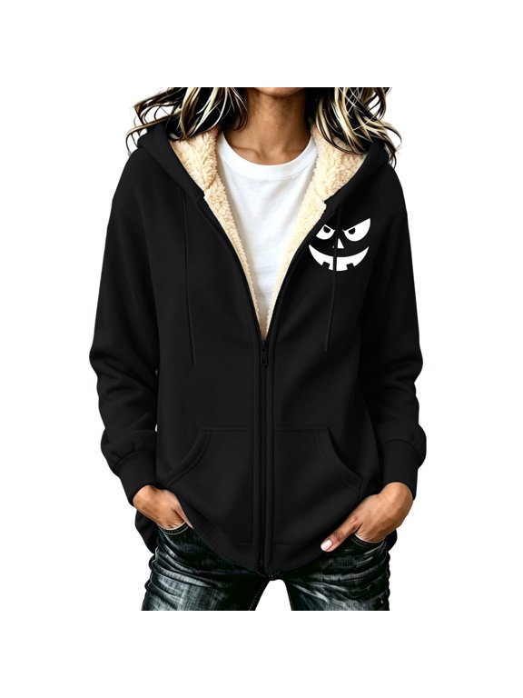 Hoodies for Women Halloween Ghost Print Fleece Hoodie Jacket Zip up Sherpa Lined Loose Casual Warm Outerwear
