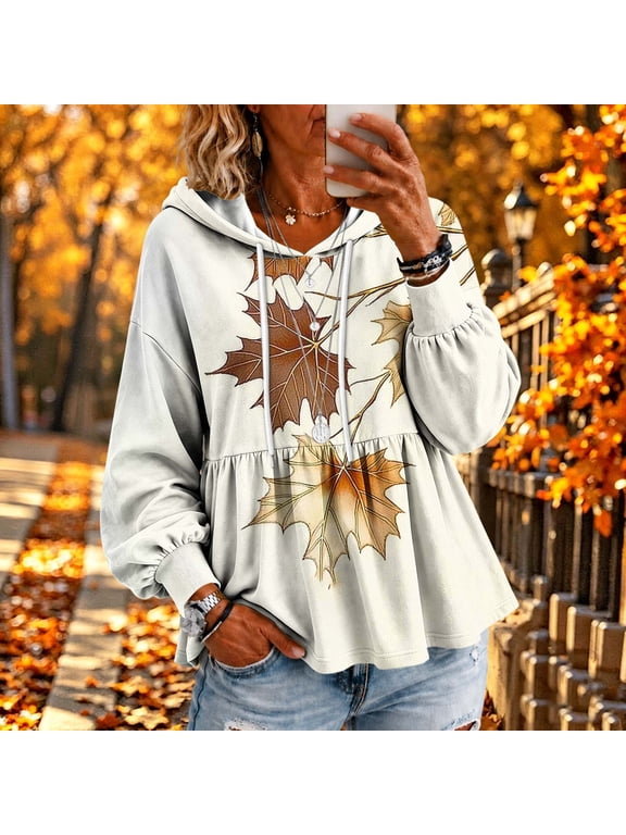 Hoodies for Women Maple Print Long Sleeve Hoodie Babydoll Peplum Top Loose Casual Fall Tops