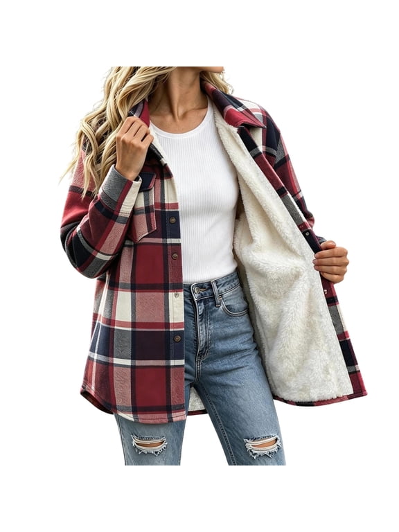 Jackets for Women Button down Fleece Flannel Jacket Sherpa Fleece Lined Winter Plaid Coats with Pockets Cozy Clothers