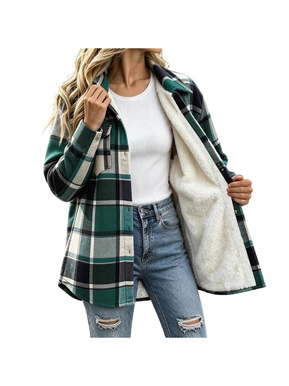Jackets for Women Button down Fleece Flannel Jacket Sherpa Fleece Lined Winter Plaid Coats with Pockets Cozy Clothers