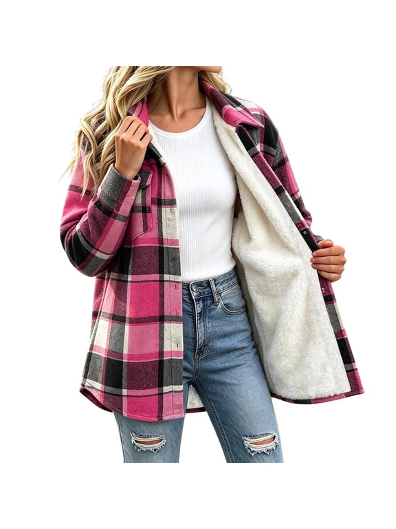 Jackets for Women Button down Fleece Flannel Jacket Sherpa Fleece Lined Winter Plaid Coats with Pockets Cozy Clothers