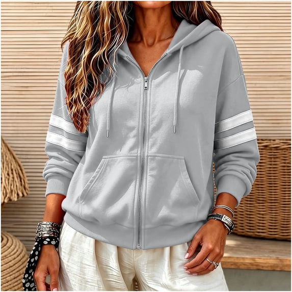 Kttectoa Jackets for Women Zip up Varsity Striped Hoodies Casual Long Sleeve Coat with Pockets Oversized Fall Winter Outfit
