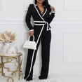 thumbnail image 1 of Kttectoa Jumpsuits for Women V Neck Belted Jumpsuit Color Block Trim Long Sleeve Wide Leg Trousers with Pockets Chic Casual Office Wear, 1 of 5