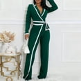 thumbnail image 1 of Kttectoa Jumpsuits for Women V Neck Belted Jumpsuit Color Block Trim Long Sleeve Wide Leg Trousers with Pockets Chic Casual Office Wear, 1 of 5
