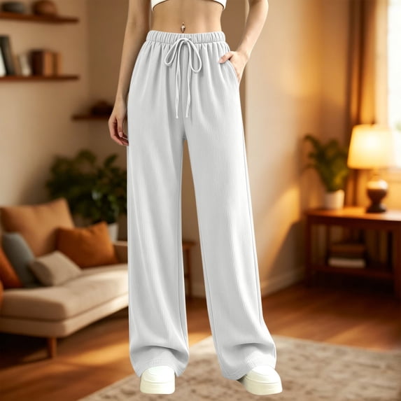 Kttectoa Pants for Women Wide Leg Drawsting Waist Loose Corduroy Pants Solid Fill Length with Pockets Casual Lounge Fall Winter