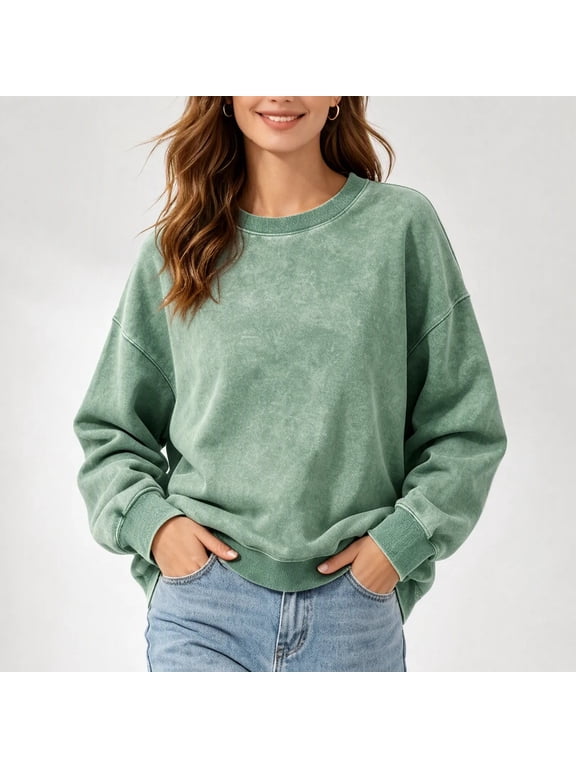 Sweatshirts for Women Timeless Vintage Washed Sweatshirt Crew Drop Shoulder Pullover Basic Comfy Cotton Tops