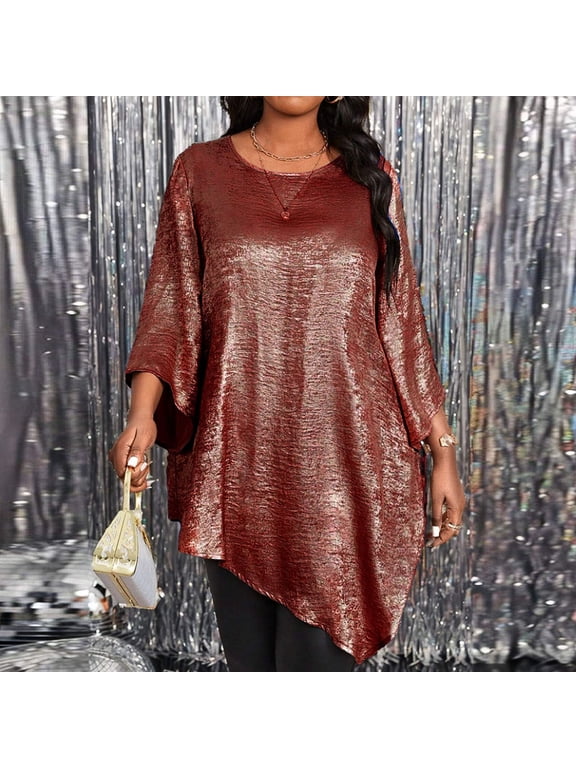 Tops for Women Dressy 3/4 Sleeve Tunic Shirt Flowy Top Asymmetrical Hem Glitter Luxury Texture Lightweight Plus Size Tops