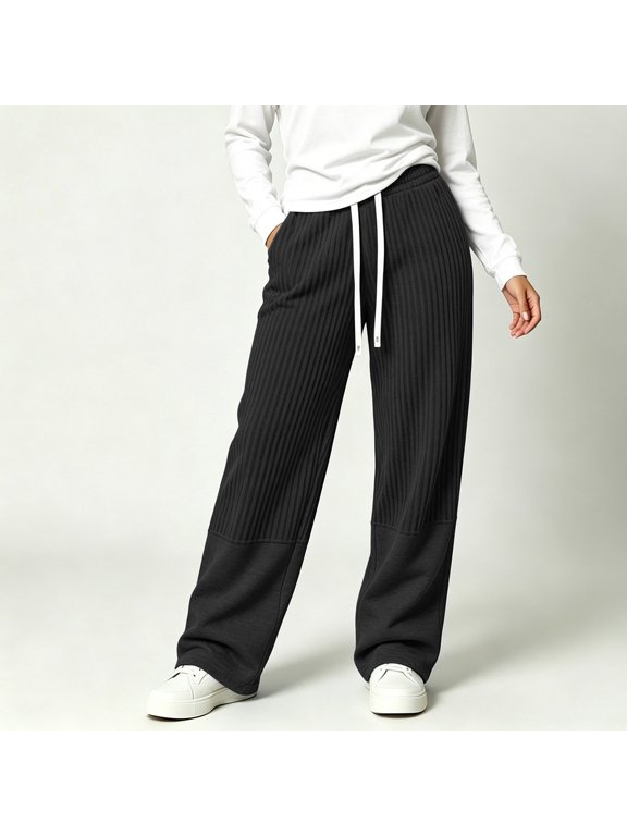 Women's Pants Patched Knitted Stripes Sweatpants Loose Wide Leg Casual Pants Solid Fall Winter