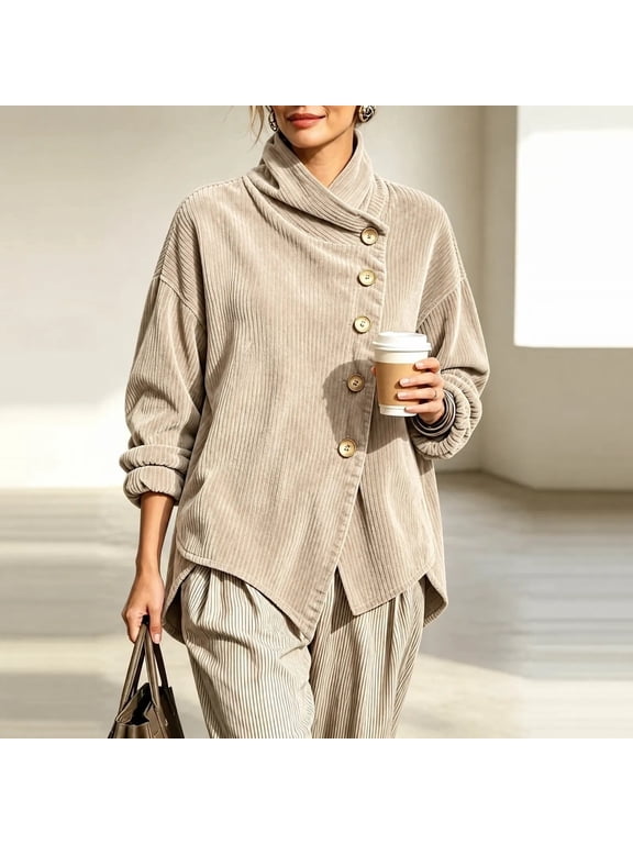 Womens Blouses Corduroy Stand Collar Asymmetrical Button Middled Length Tops Oversize Fall Winter Chic
