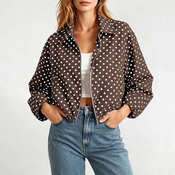 Kttetoa Jacket for Women Polka Dot Zip Up Cropped Jackets Sleeve Puff Oversized Boyfriend Style Casual Trendy Fall Winter Outerwear