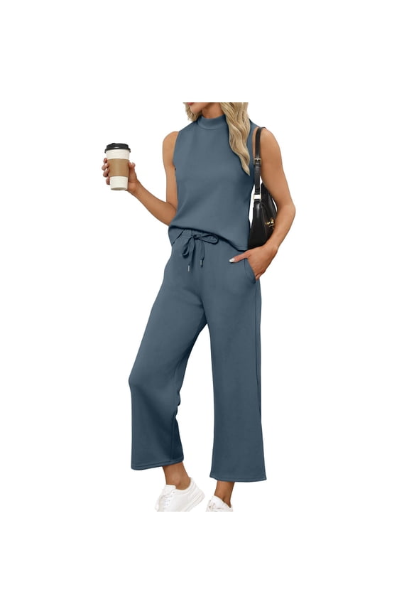 2 Piece Summer Set for Women Travel Set Womens Clothing Sleeveless Mock Neck Top Wide Leg Crop Pants Vacation Beach Lightweight Travel Pants Set Light Blue L