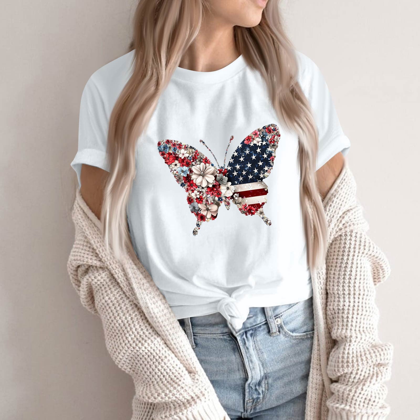 BRUBOBO Women's Cute Sunflower & American Flag Graphic T-Shirt – Summer Short Sleeve Casual Top