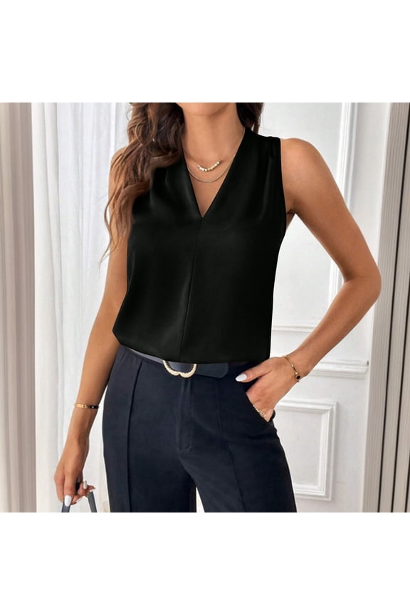 Black Shell Tops for Women Business Casual Sleeveless Blouses To Wear Under a Blazer Vneck Vest Summer Basic Work Tops Black L