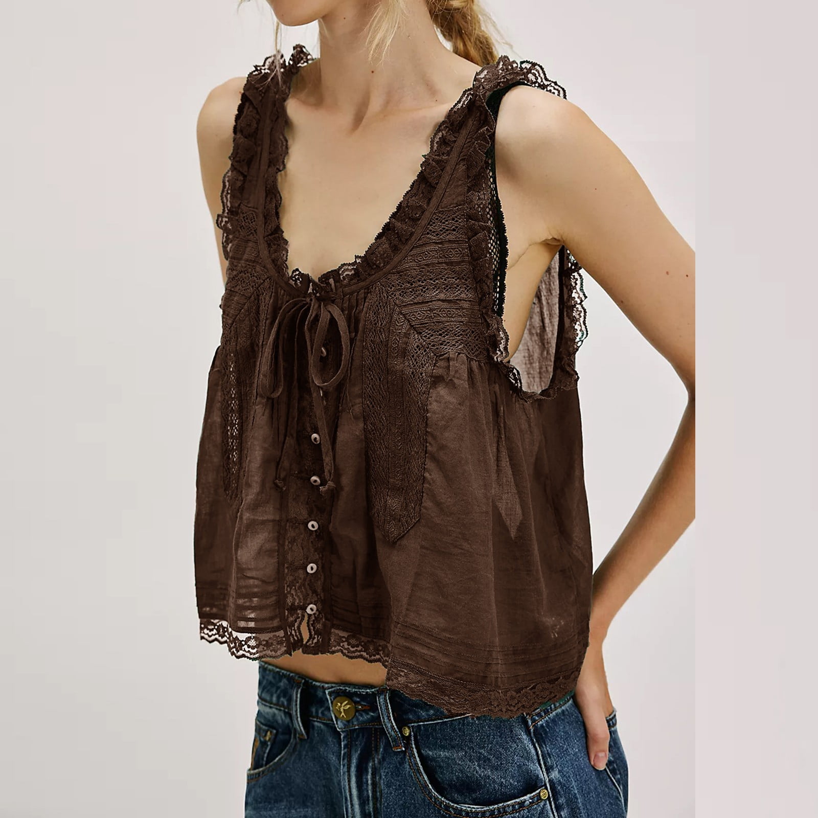 Button Front Bowknot Tank Top Lace Trim Layered Skirt