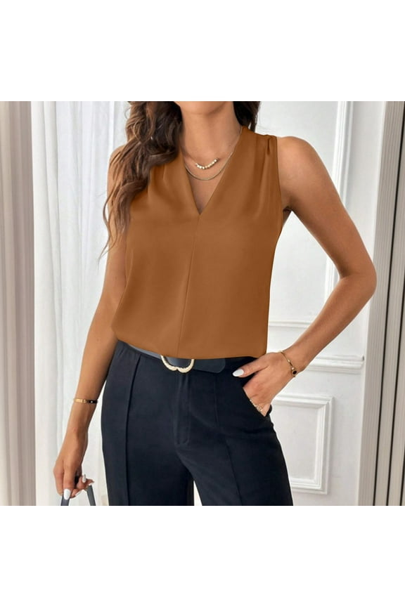 Brown Shell Tops for Women Under Blazer Professional Sleeveless Blouses To Wear Under a Blazer V-Neck Vest Top Summer Loose Fit Work Tank Tops Camel L