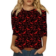 Ktyne Halloween Shirt Women 3/4 Lenght Sleeve Bat Print Plus Size Tops Round Neck Causal Tshirts Shirts Lightweight Workout Falltees Tunics Red 2XL