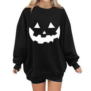 Ktyne Women Halloween Sweatshirt Pumpkin Print Long Sleeve Casual Pullover Top Crew Neck Bloody Plus Size Sweater Lightweight Clothes Black L