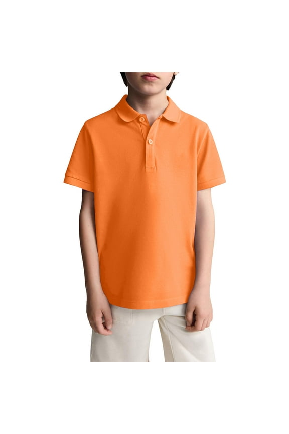 Junior Boys Girls Polo Uniform Shirts Size1 Short Sleeve Tops Casual Button Tennis T-Shirts 2025 Spring New with Collar Golf Polo Shirt Workout Blouse Orange 7-8 Years