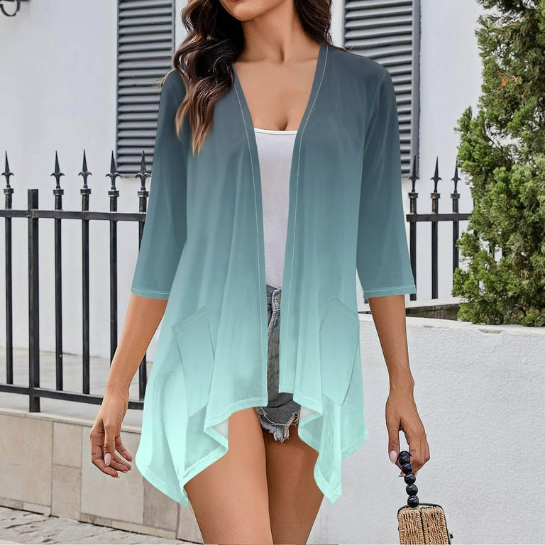 Ktyne Plus Size Shrugs for Women Clearance 3 4 Sleeve Lightweight Cardigans for Women Open Front Shrug Cardigan Floral Gradient Dressy Draped Floral Cardigan Dark Green S Walmart
