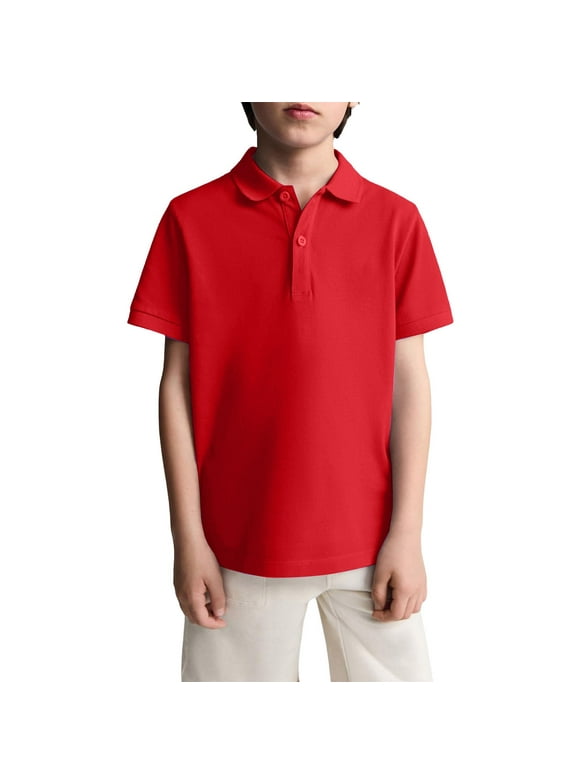 Polo Shirts for Junior Boys Girls School Short Sleeve Uniform Shirts Casual Button Top 2025 Summer New Collared Uniform Top Lightweight Blouse Red 9-10 Years