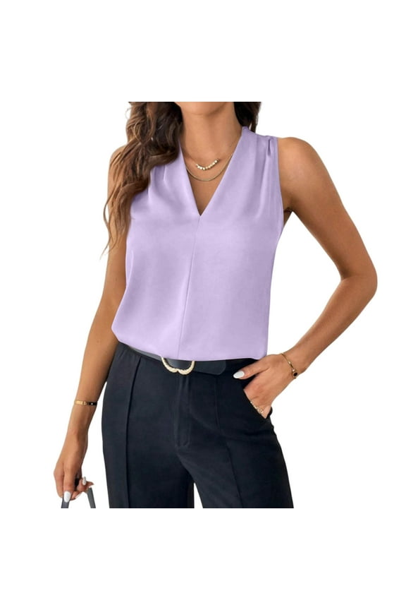 Shell Tops for Women Business Casual Sleeveless Blouse To Wear Under Blazers V-Neck Vest Shirt Summer Fashion Work Tank Tops Light Purple S